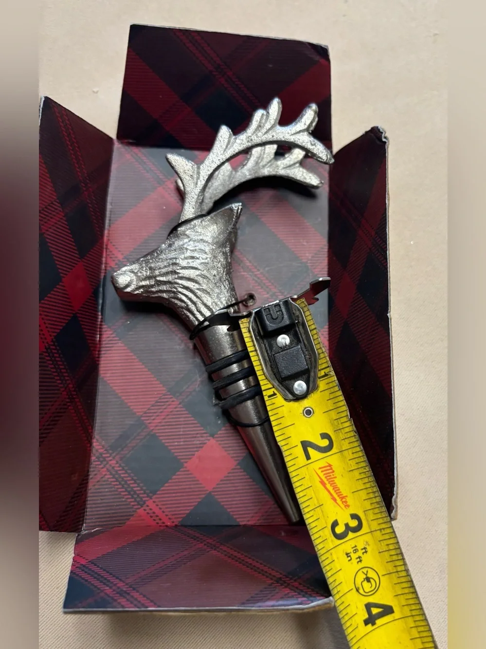 NEW Open Box Stag Elk Deer Bottle Wine Stopper Holiday Christmas Silver READ